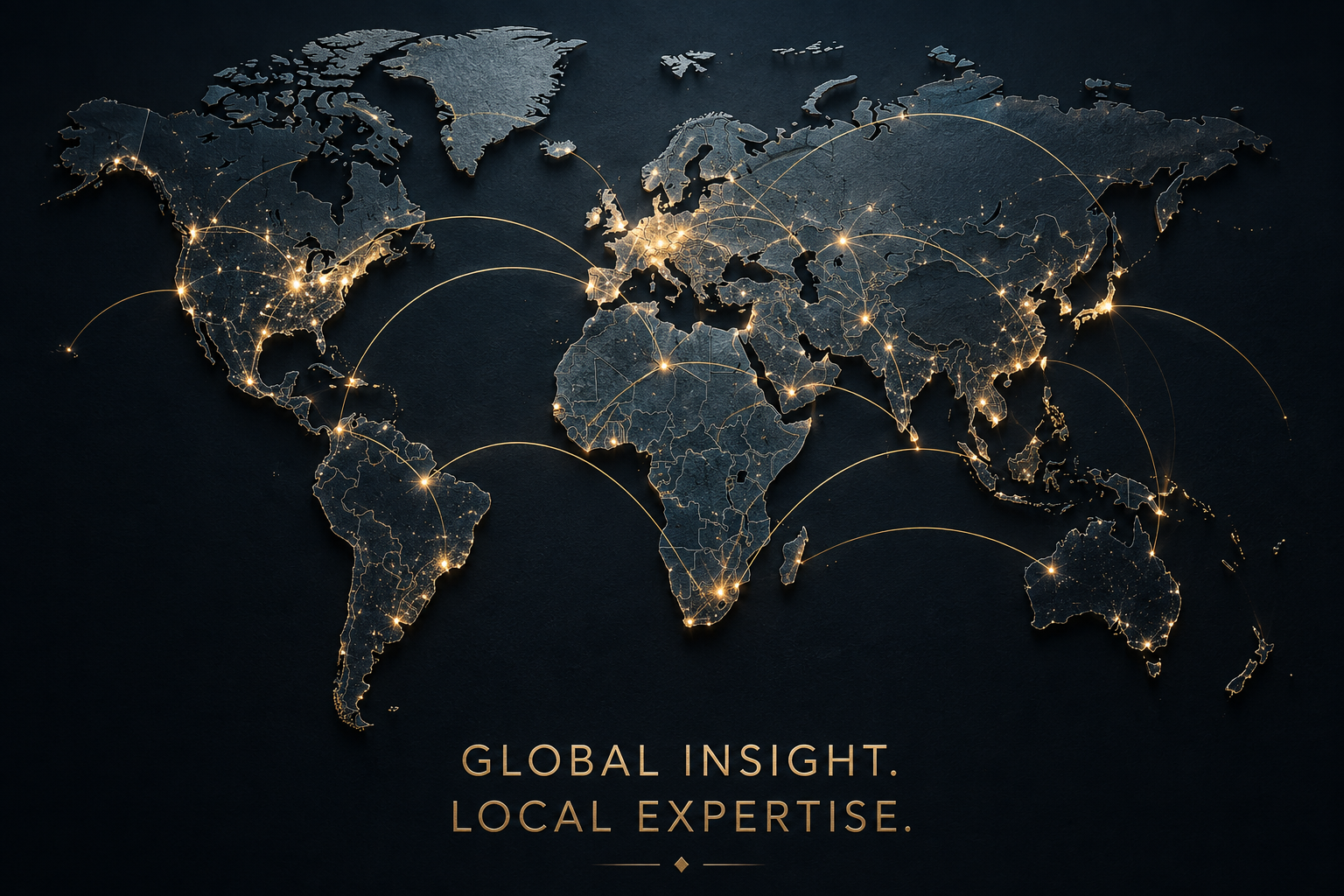 World map showing the Propworths.com global property network, with glowing gold city lights and gold arcs connecting cities across every continent